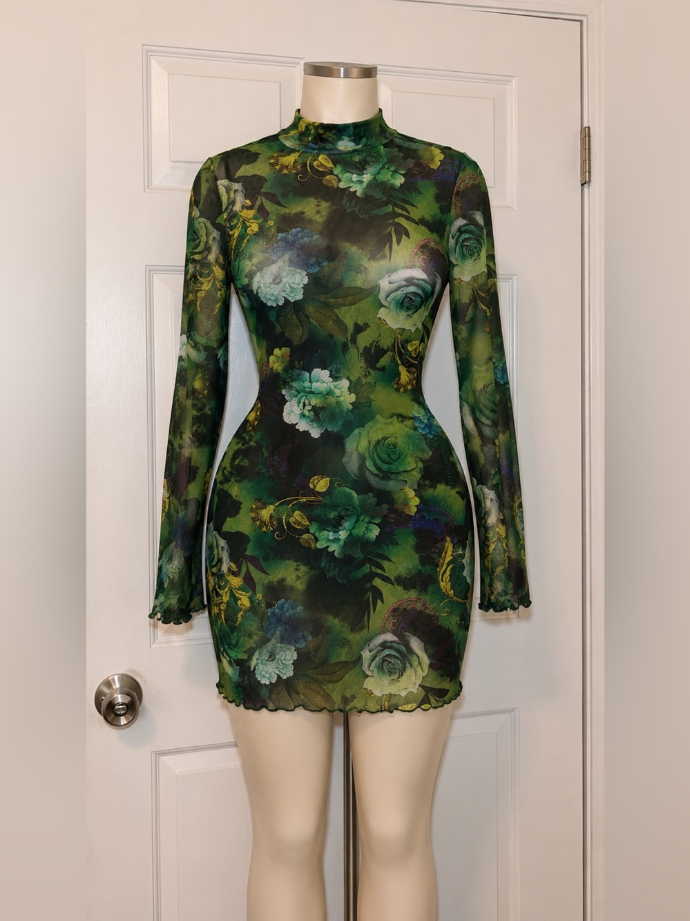 Green Floral Mesh Bodycon Dress - Women's